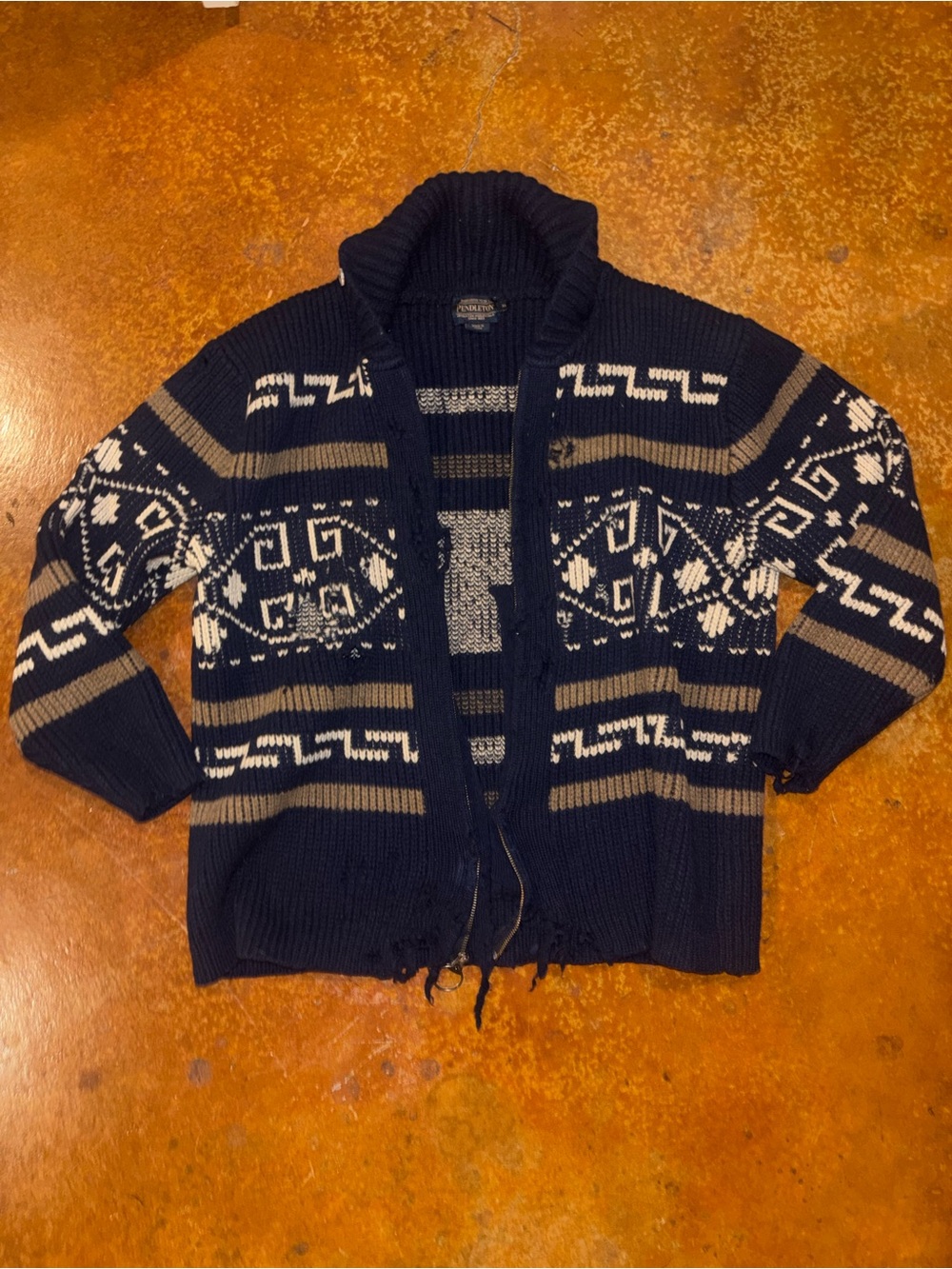 Pendleton Navy, Beige & White Geometric Shawl Collar Cardigan